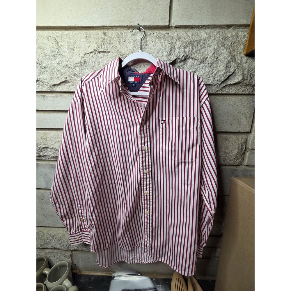 Tommy Hilfiger Mens Red White Blue Striped Long Sleeve‎ Button Down Shirt Size M